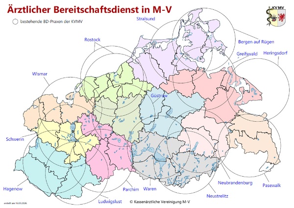 Karte mit Übersicht der Bereitschaftsdienstpraxen in Mecklenburg-Vorpommern (c) KVMV